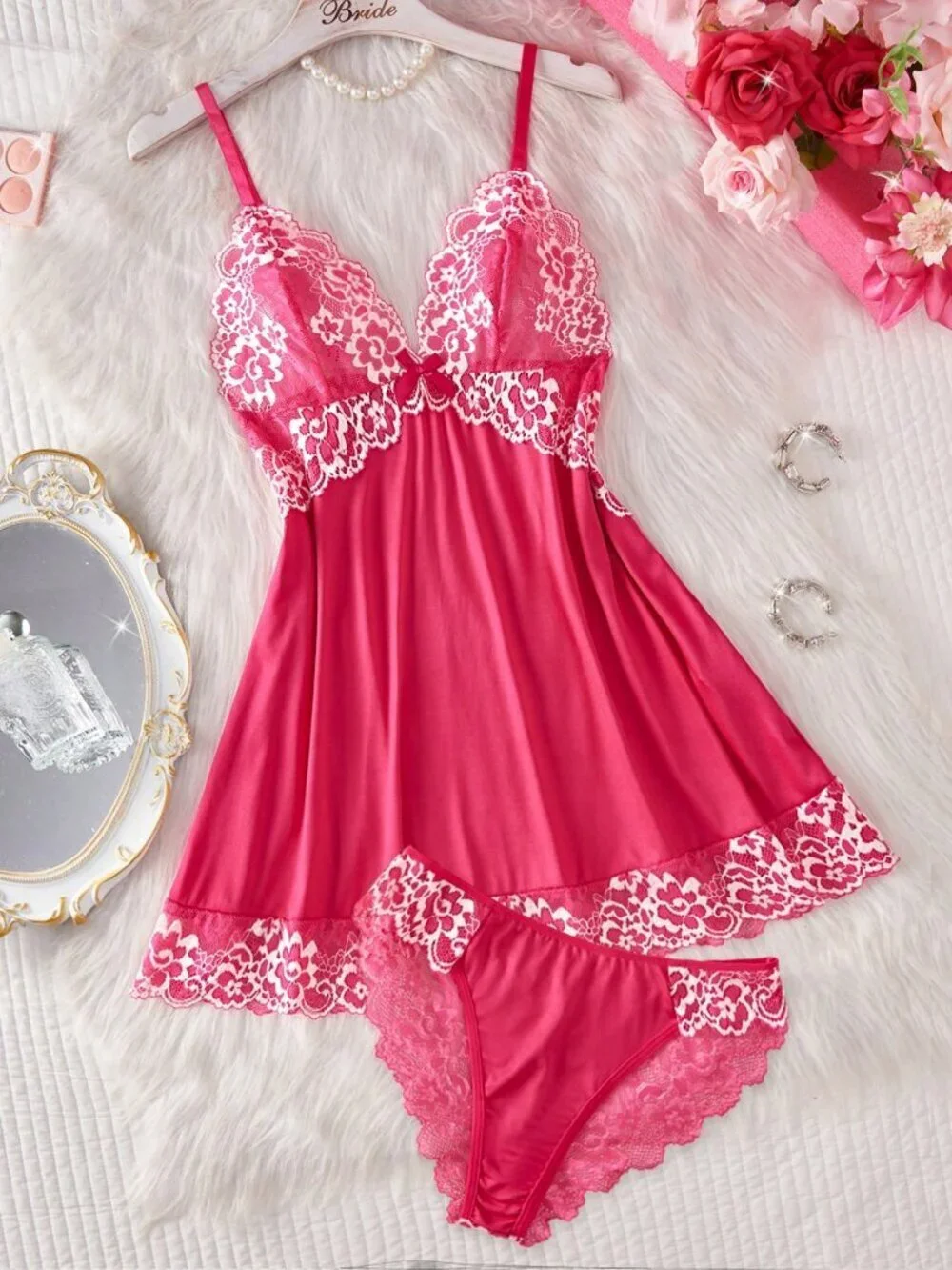 Hot Pink Women's Contrast Lace Sleepwear Set nightgown nighty